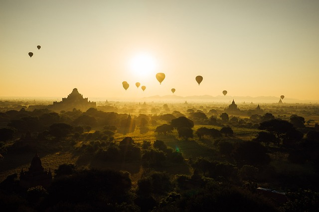 bagan, hot air balloons, sunrise