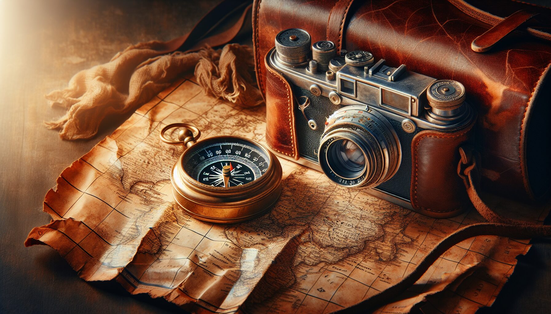 Ilustración de una cámara fotográfica y una brújula sobre un mapa