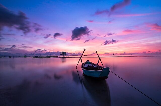 sunrise, boat, rowing boat, Frases de viajes