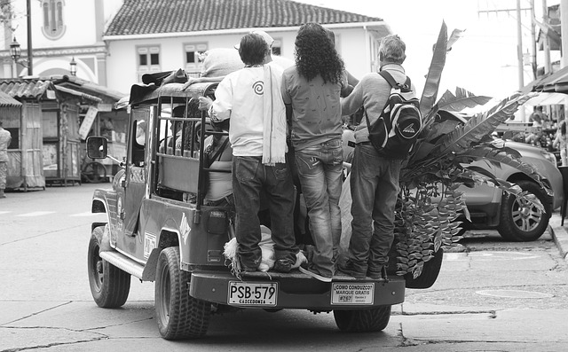 black and white, means of transport in filandia, jeep