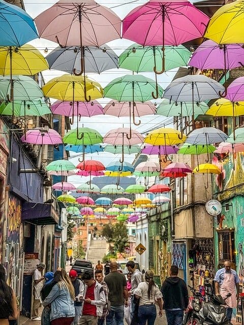 umbrellas, road, people