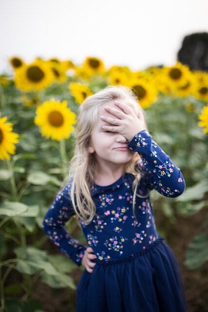 little girl, sunflower field, field