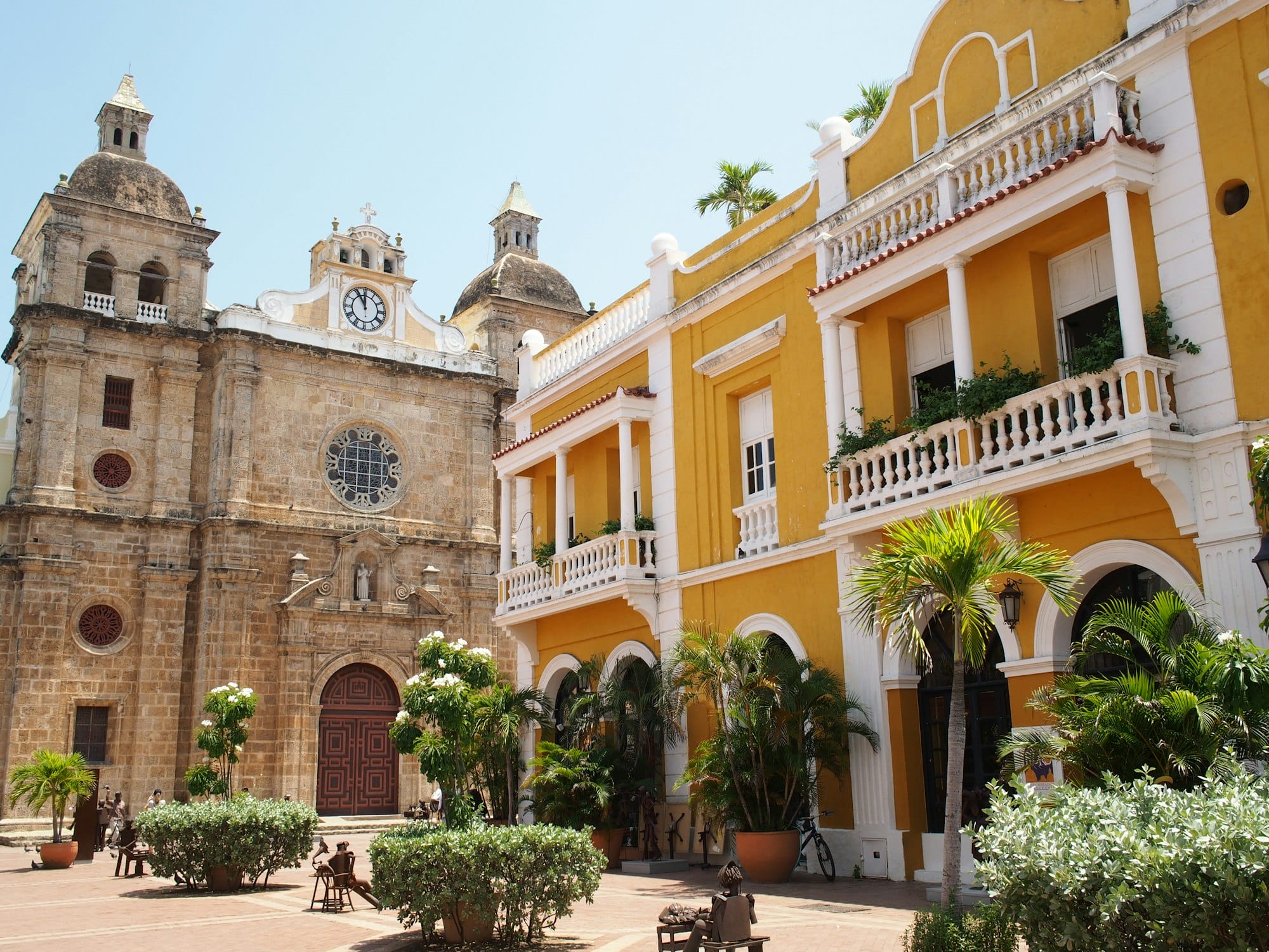 Church and a colonial building in the city of Cartagena, Colombia