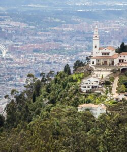 Aerial drone shot of the Monserrate mountain in Bogota,