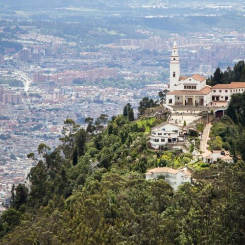 Aerial drone shot of the Monserrate mountain in Bogota,